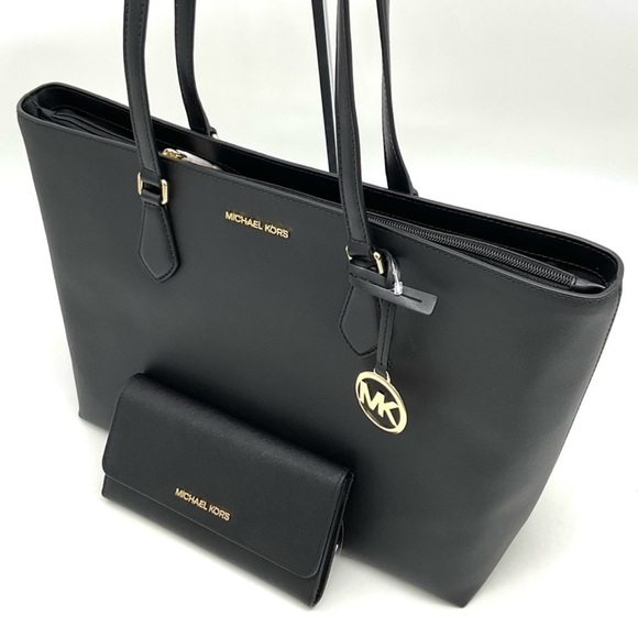 Michael Kors Bag Large Sheila Mf Tote Bag & Large Trifold Wallet Black/Gold - Picture 11 of 14